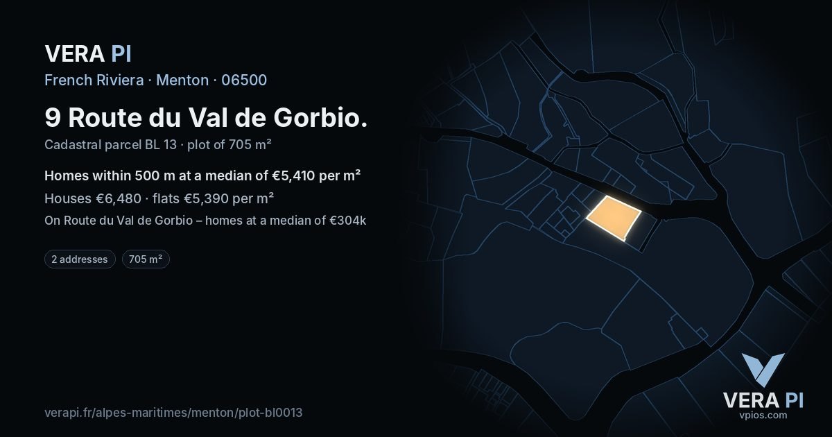 9 Route du Val de Gorbio, Menton at night – the plot lit, the parcels around coloured by the prices near them