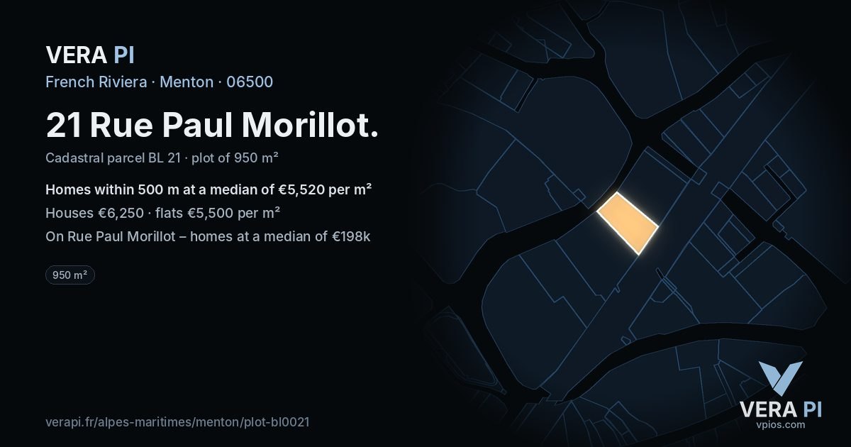 21 Rue Paul Morillot, Menton at night – the plot lit, the parcels around coloured by the prices near them