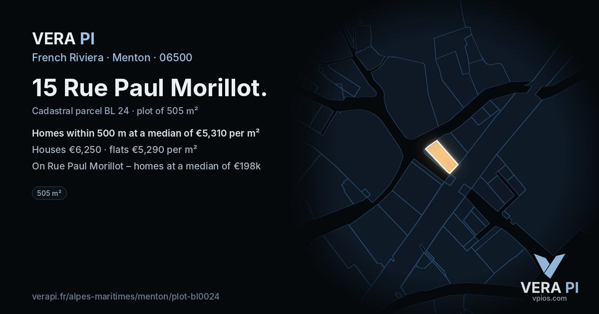 15 Rue Paul Morillot, Menton at night – the plot lit, the parcels around coloured by the prices near them