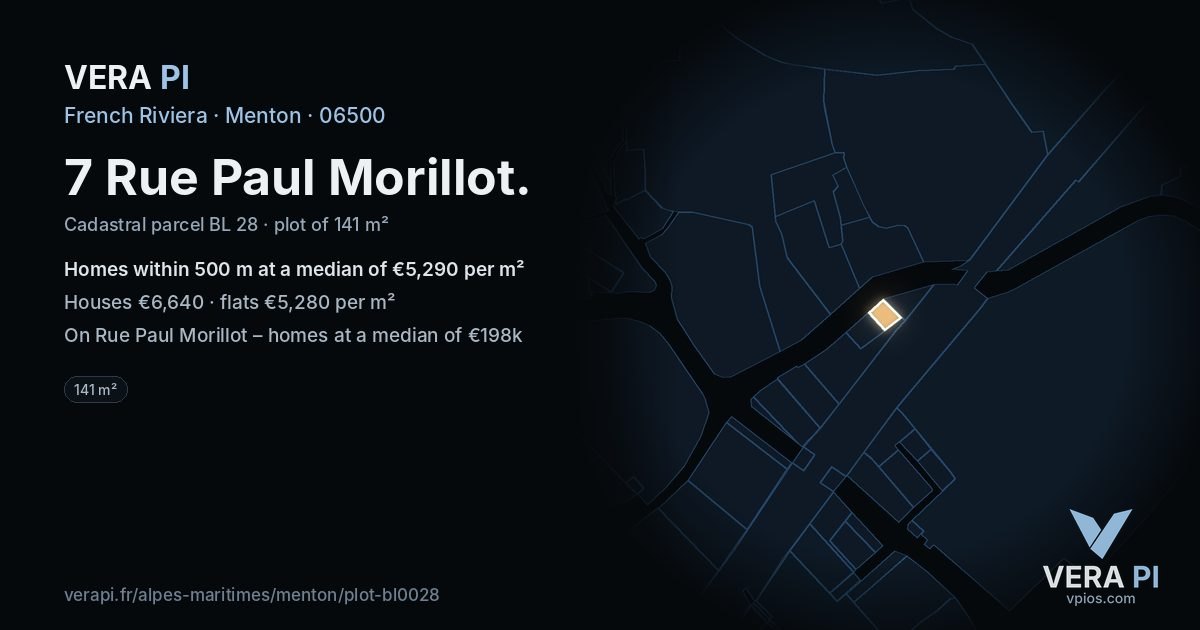 7 Rue Paul Morillot, Menton at night – the plot lit, the parcels around coloured by the prices near them