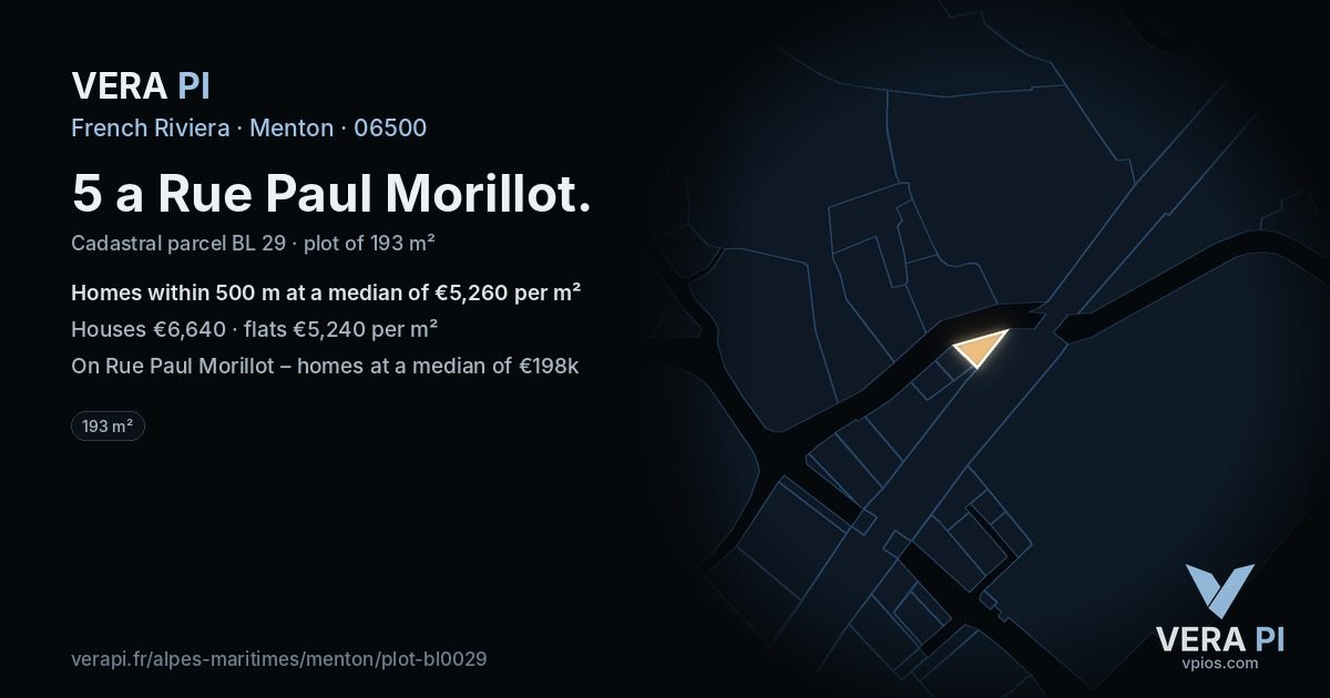 5 a Rue Paul Morillot, Menton at night – the plot lit, the parcels around coloured by the prices near them