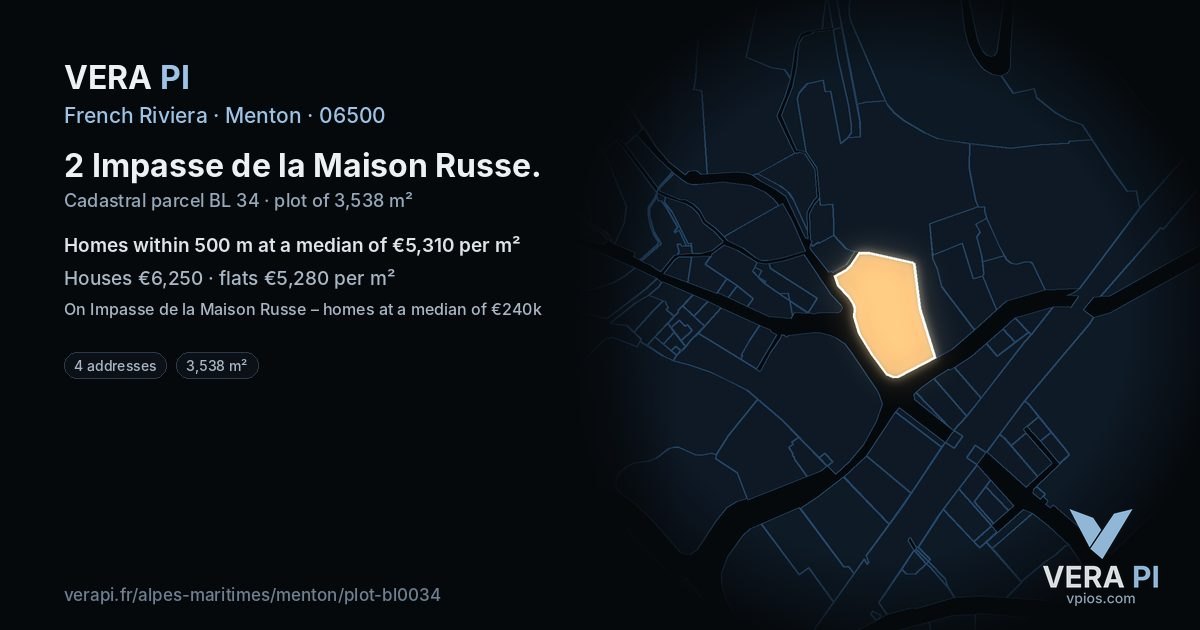2 Impasse de la Maison Russe, Menton at night – the plot lit, the parcels around coloured by the prices near them