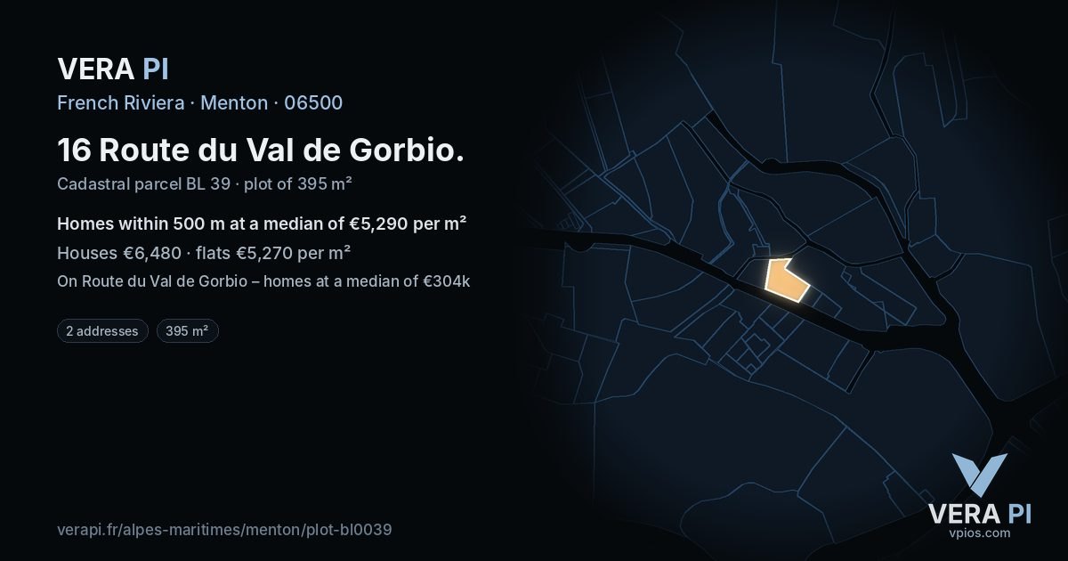 16 Route du Val de Gorbio, Menton at night – the plot lit, the parcels around coloured by the prices near them