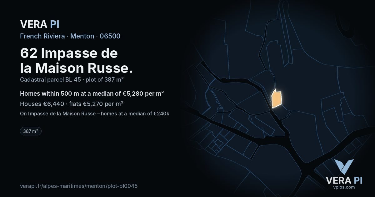 62 Impasse de la Maison Russe, Menton at night – the plot lit, the parcels around coloured by the prices near them
