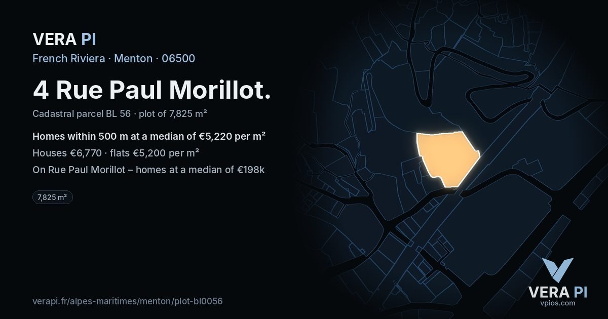 4 Rue Paul Morillot, Menton at night – the plot lit, the parcels around coloured by the prices near them
