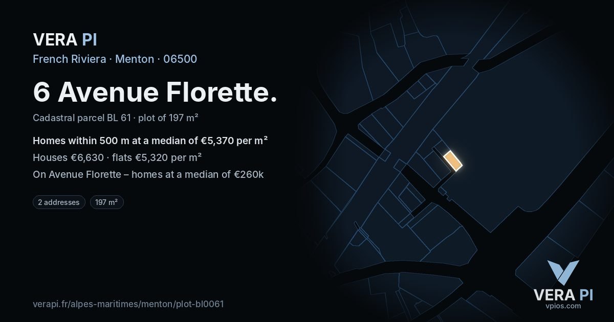 6 Avenue Florette, Menton at night – the plot lit, the parcels around coloured by the prices near them