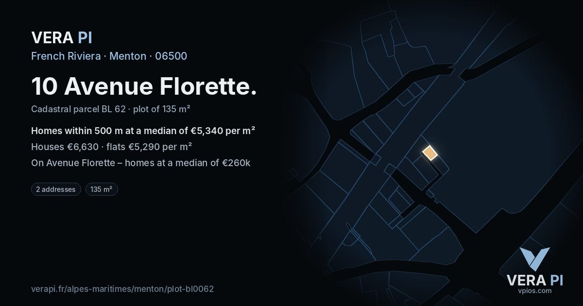 10 Avenue Florette, Menton at night – the plot lit, the parcels around coloured by the prices near them