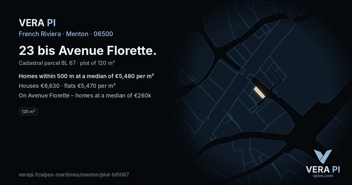 23 bis Avenue Florette, Menton at night – the plot lit, the parcels around coloured by the prices near them