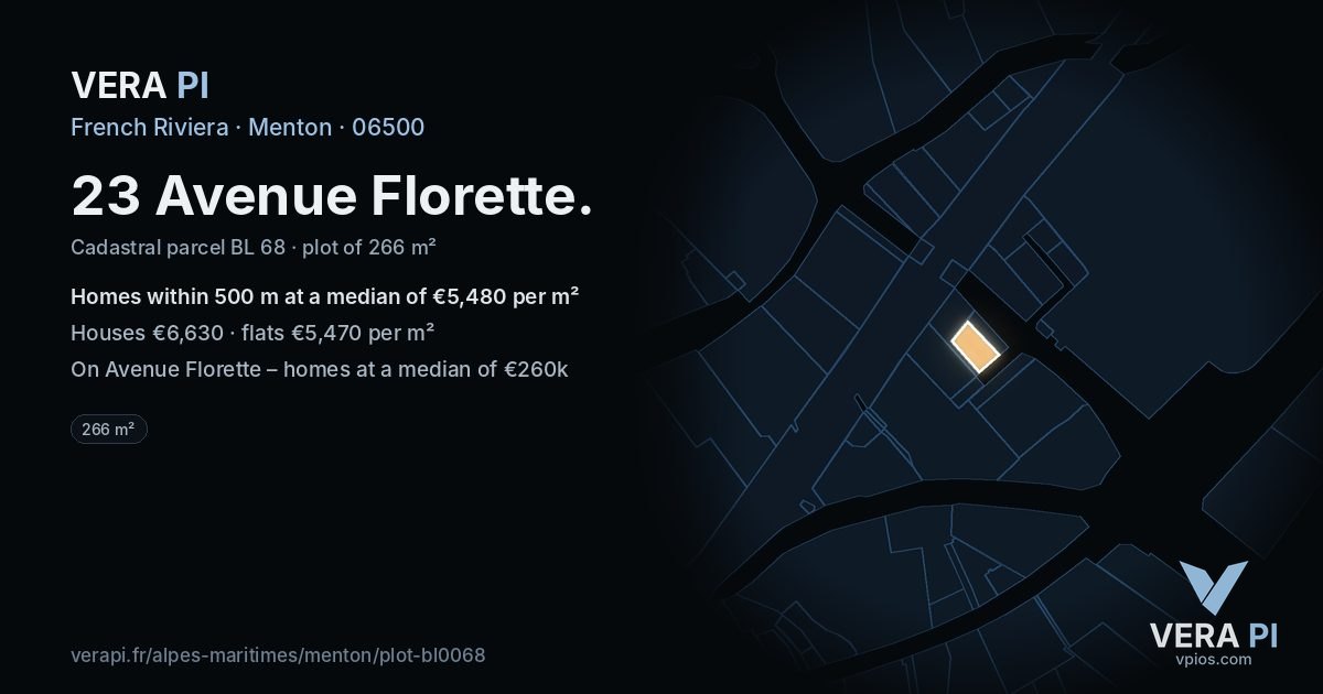 23 Avenue Florette, Menton at night – the plot lit, the parcels around coloured by the prices near them