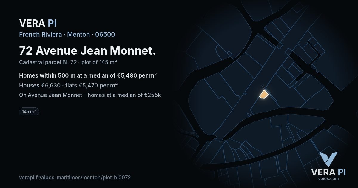 72 Avenue Jean Monnet, Menton at night – the plot lit, the parcels around coloured by the prices near them