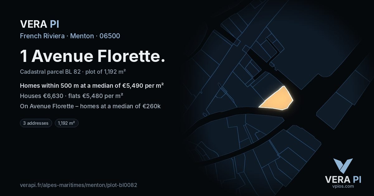 1 Avenue Florette, Menton at night – the plot lit, the parcels around coloured by the prices near them