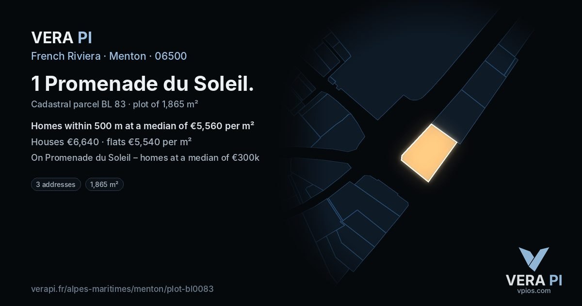 1 Promenade du Soleil, Menton at night – the plot lit, the parcels around coloured by the prices near them