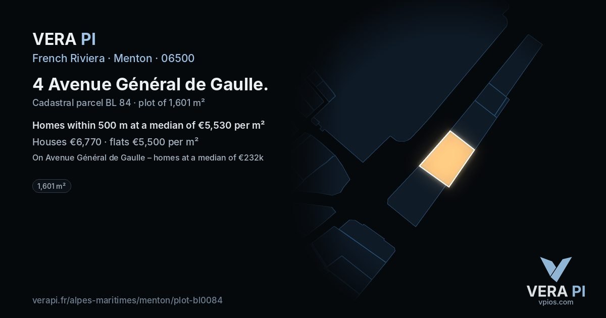4 Avenue Général de Gaulle, Menton at night – the plot lit, the parcels around coloured by the prices near them
