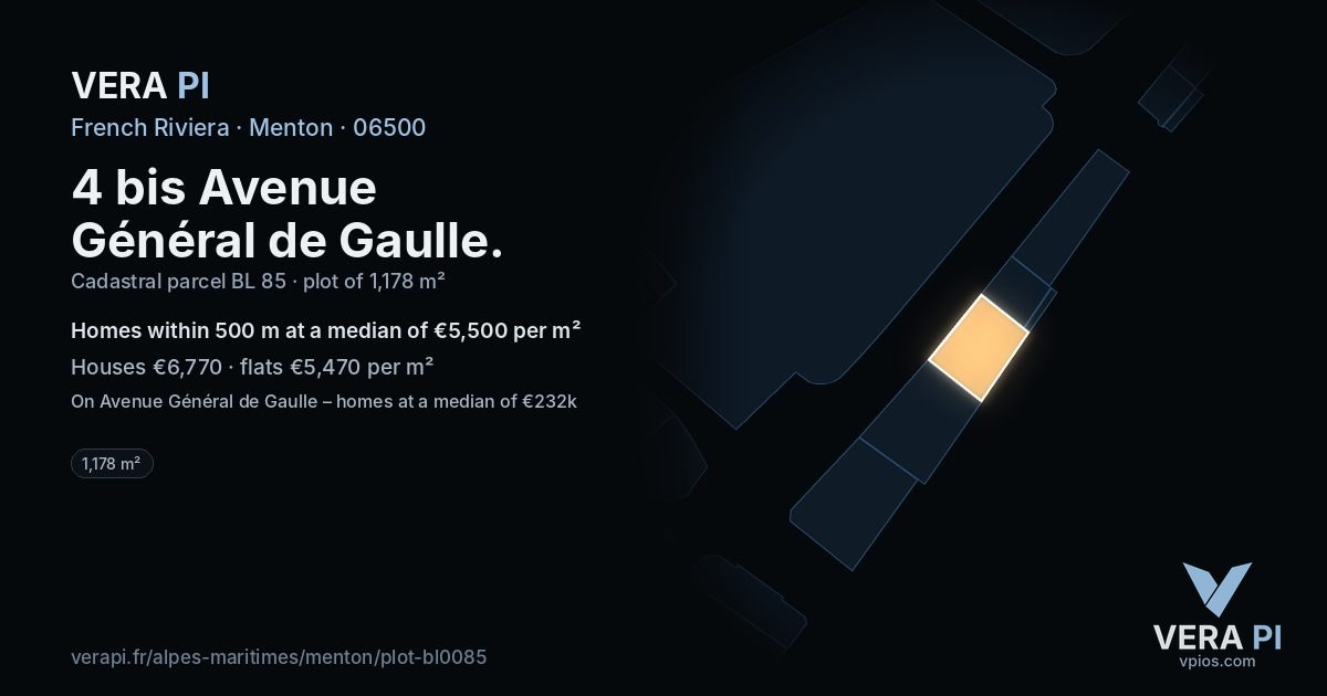 4 bis Avenue Général de Gaulle, Menton at night – the plot lit, the parcels around coloured by the prices near them