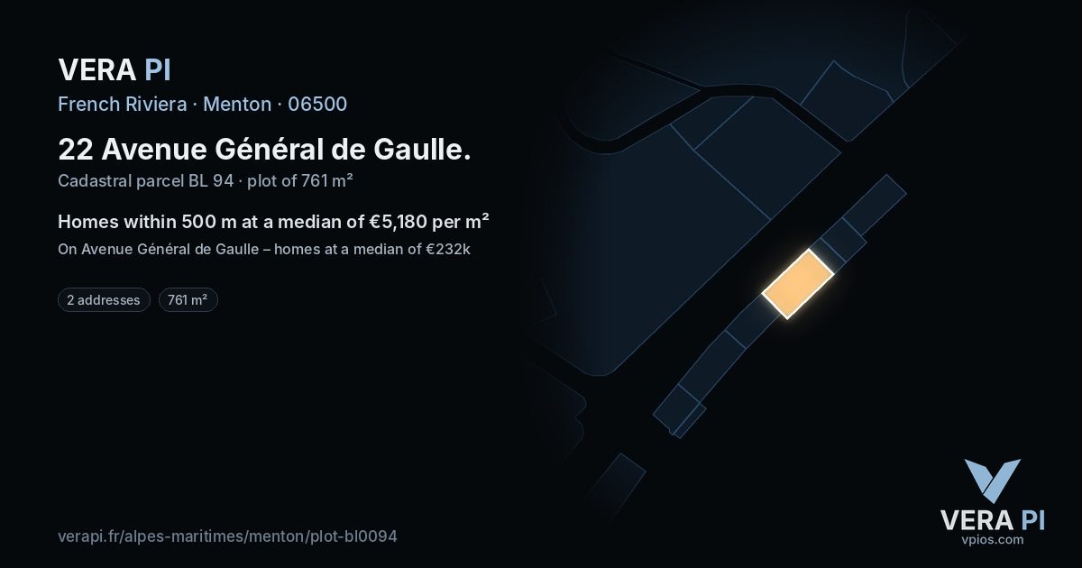 22 Avenue Général de Gaulle, Menton at night – the plot lit, the parcels around coloured by the prices near them