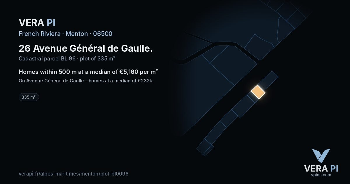 26 Avenue Général de Gaulle, Menton at night – the plot lit, the parcels around coloured by the prices near them