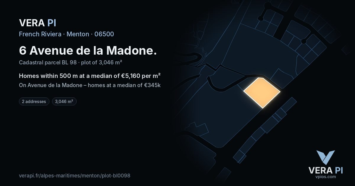 6 Avenue de la Madone, Menton at night – the plot lit, the parcels around coloured by the prices near them