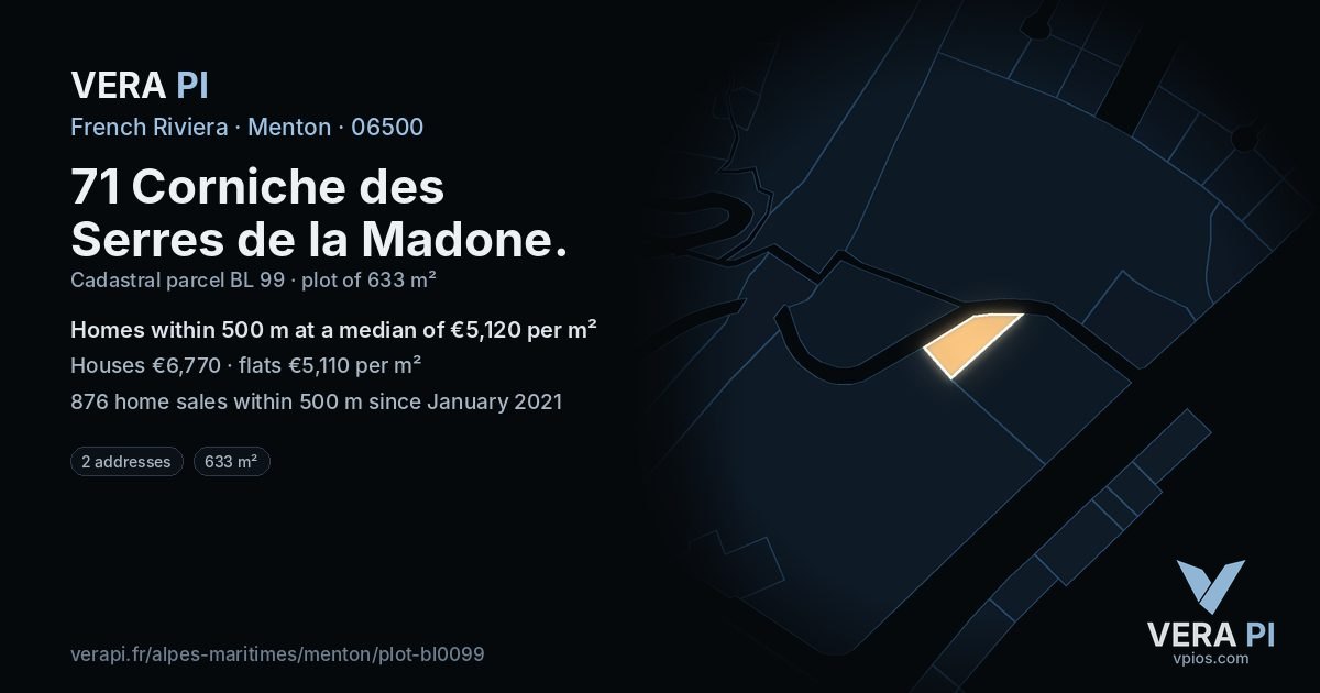 71 Corniche des Serres de la Madone, Menton at night – the plot lit, the parcels around coloured by the prices near them