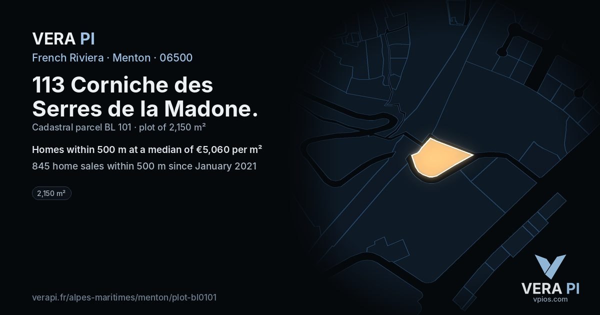 113 Corniche des Serres de la Madone, Menton at night – the plot lit, the parcels around coloured by the prices near them