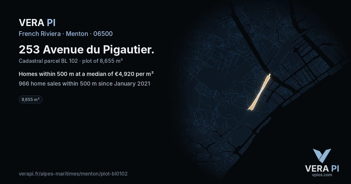253 Avenue du Pigautier, Menton at night – the plot lit, the parcels around coloured by the prices near them