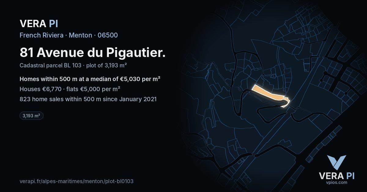 81 Avenue du Pigautier, Menton at night – the plot lit, the parcels around coloured by the prices near them