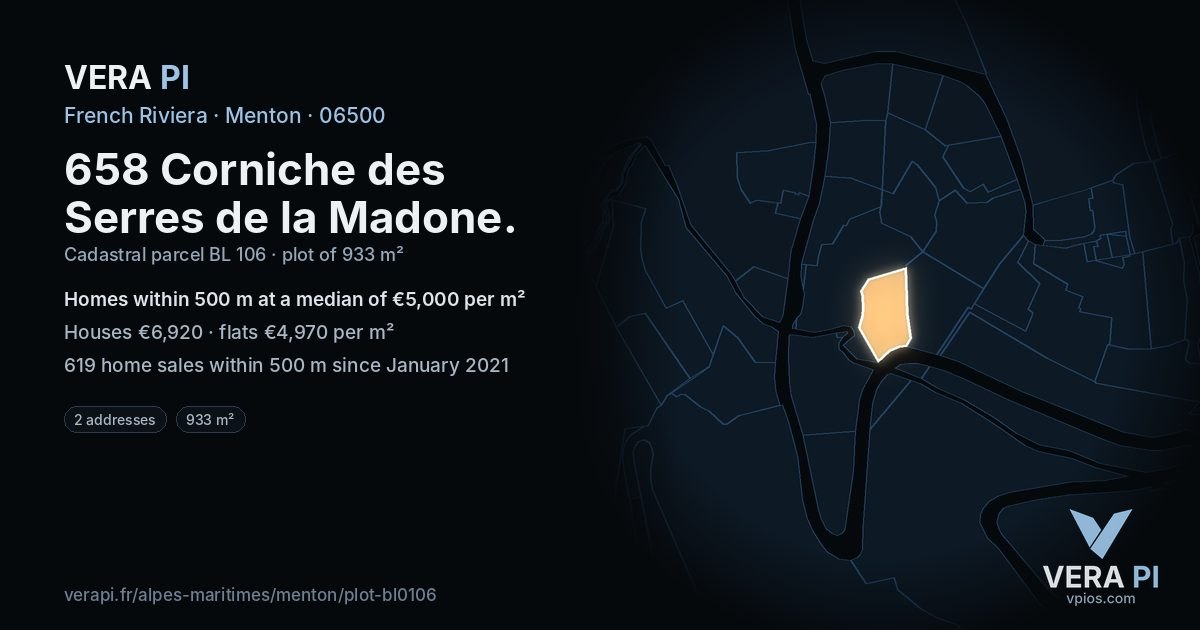 658 Corniche des Serres de la Madone, Menton at night – the plot lit, the parcels around coloured by the prices near them