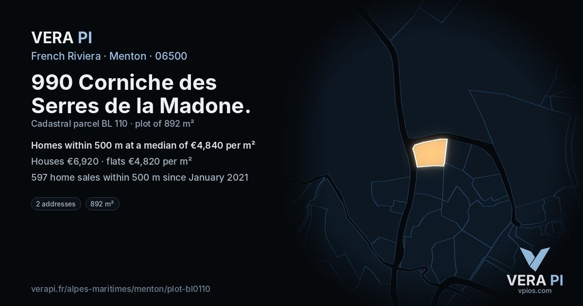 990 Corniche des Serres de la Madone, Menton at night – the plot lit, the parcels around coloured by the prices near them