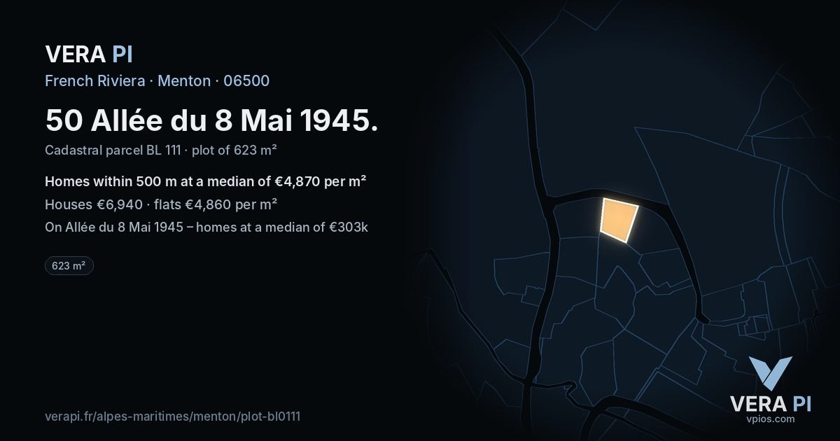 50 Allée du 8 Mai 1945, Menton at night – the plot lit, the parcels around coloured by the prices near them