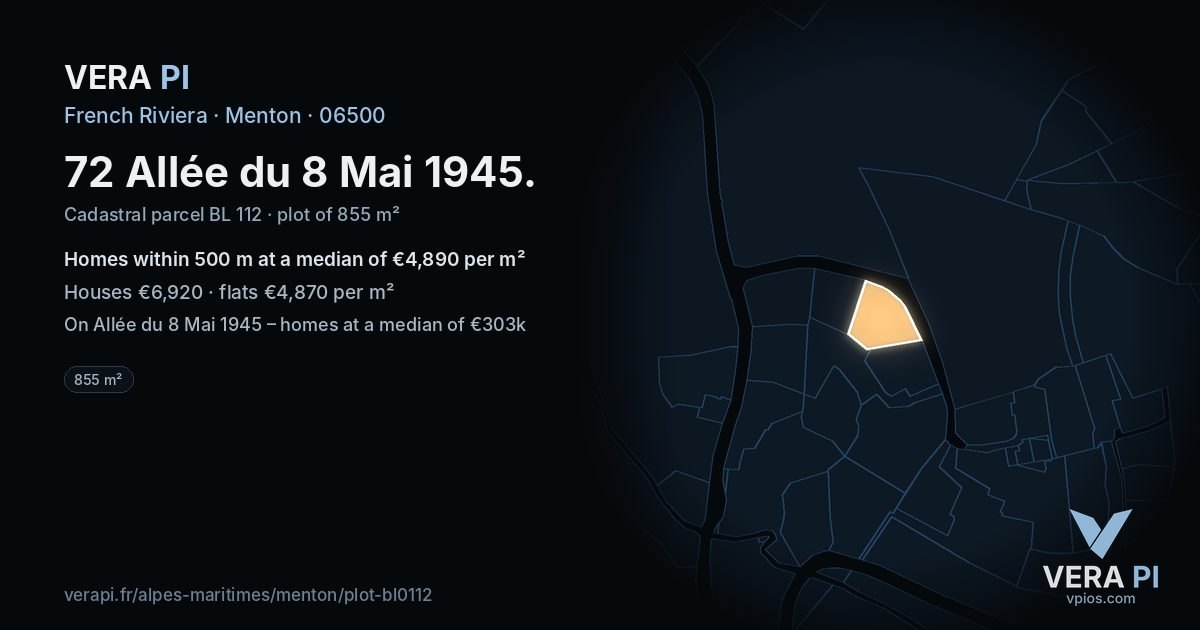 72 Allée du 8 Mai 1945, Menton at night – the plot lit, the parcels around coloured by the prices near them