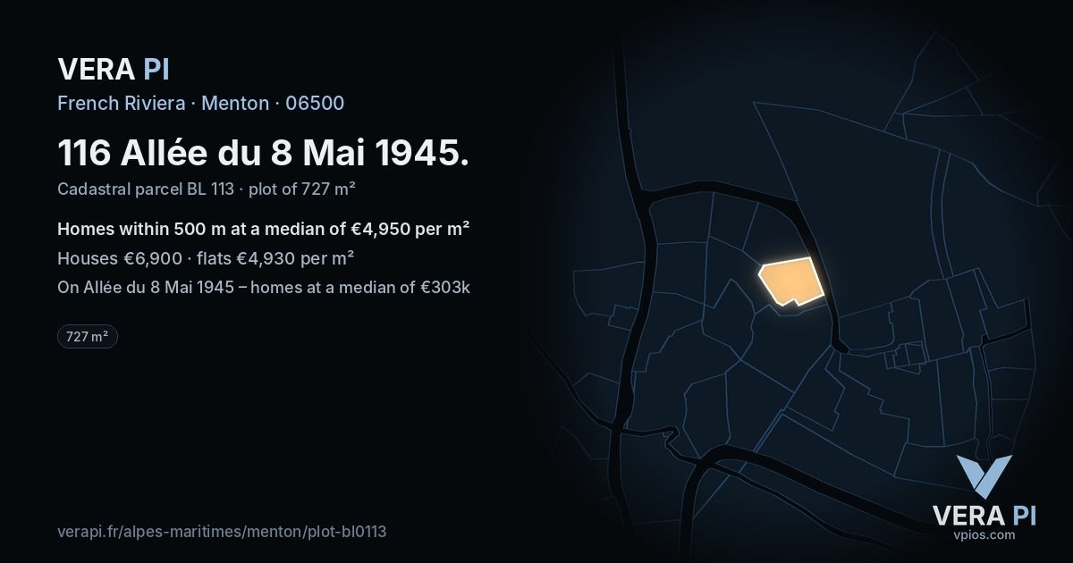 116 Allée du 8 Mai 1945, Menton at night – the plot lit, the parcels around coloured by the prices near them