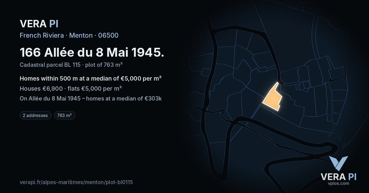 166 Allée du 8 Mai 1945, Menton at night – the plot lit, the parcels around coloured by the prices near them