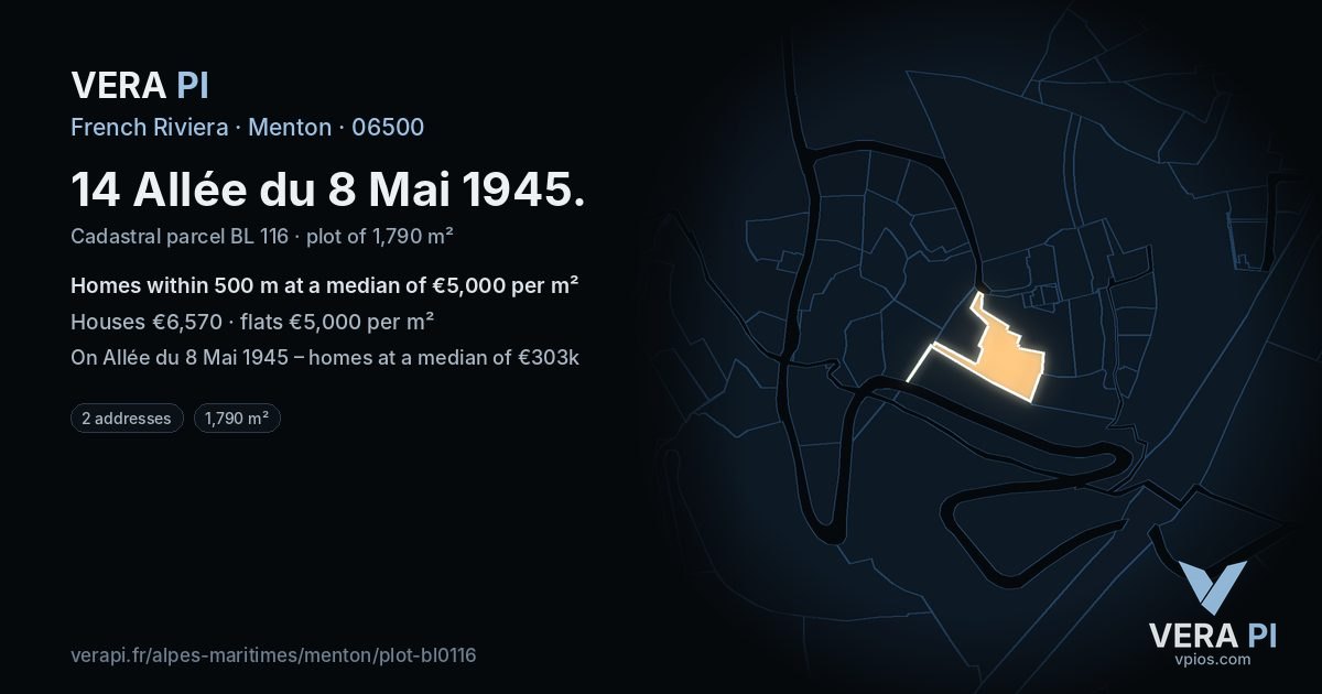 14 Allée du 8 Mai 1945, Menton at night – the plot lit, the parcels around coloured by the prices near them