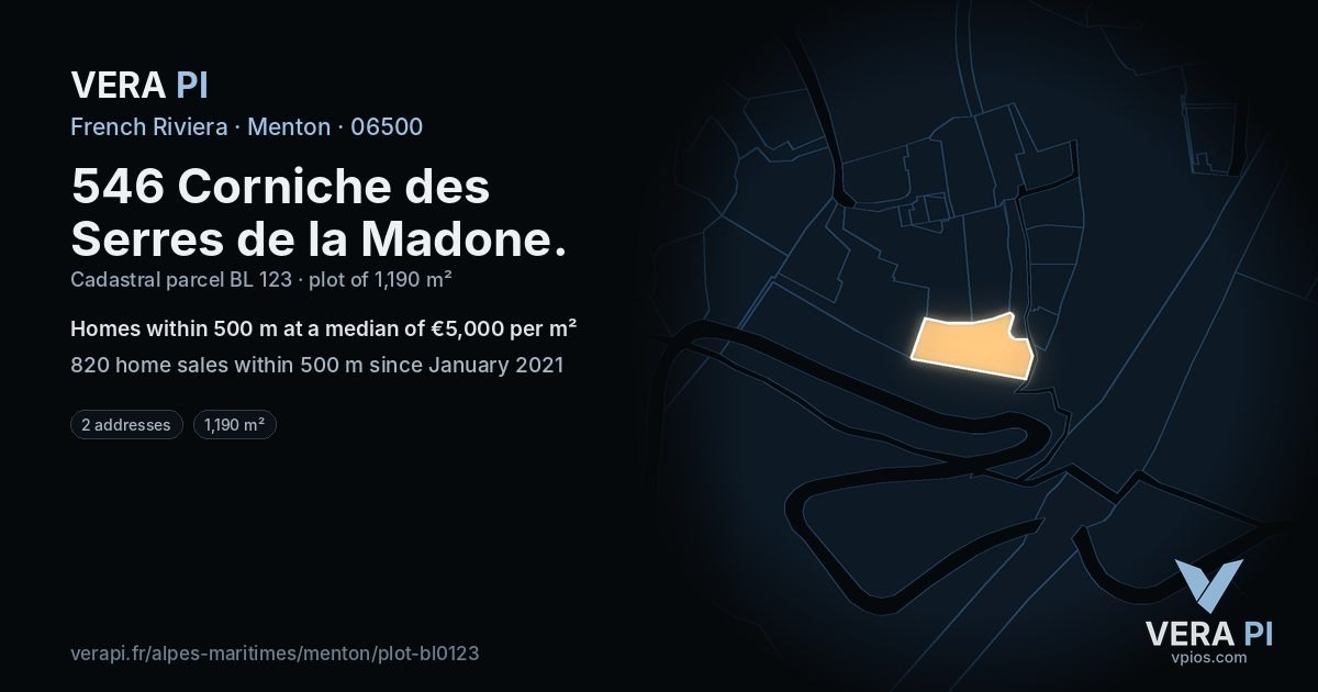 546 Corniche des Serres de la Madone, Menton at night – the plot lit, the parcels around coloured by the prices near them
