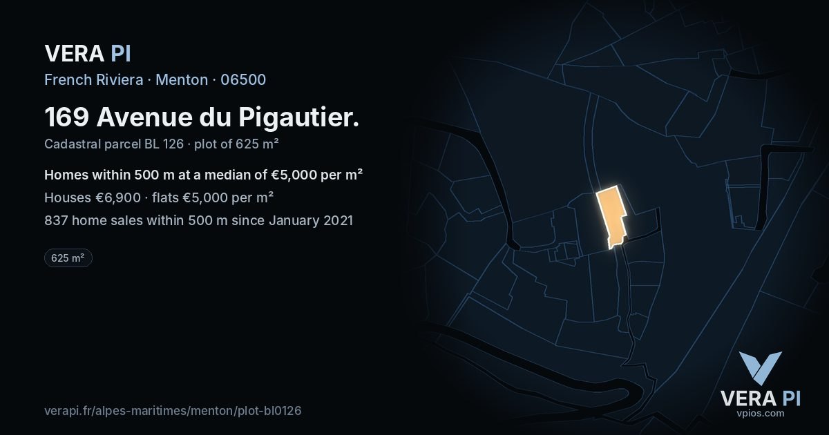 169 Avenue du Pigautier, Menton at night – the plot lit, the parcels around coloured by the prices near them