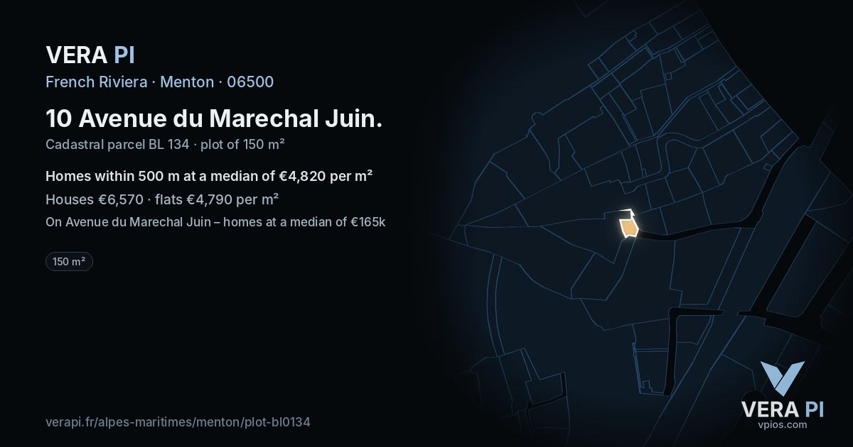 10 Avenue du Marechal Juin, Menton at night – the plot lit, the parcels around coloured by the prices near them
