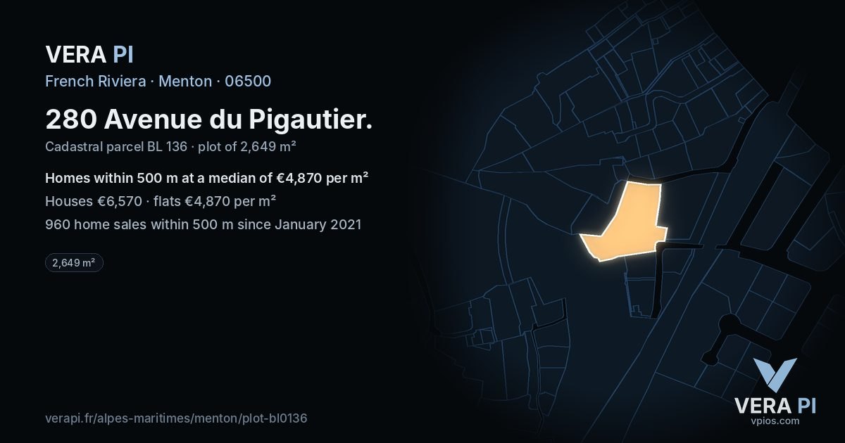 280 Avenue du Pigautier, Menton at night – the plot lit, the parcels around coloured by the prices near them