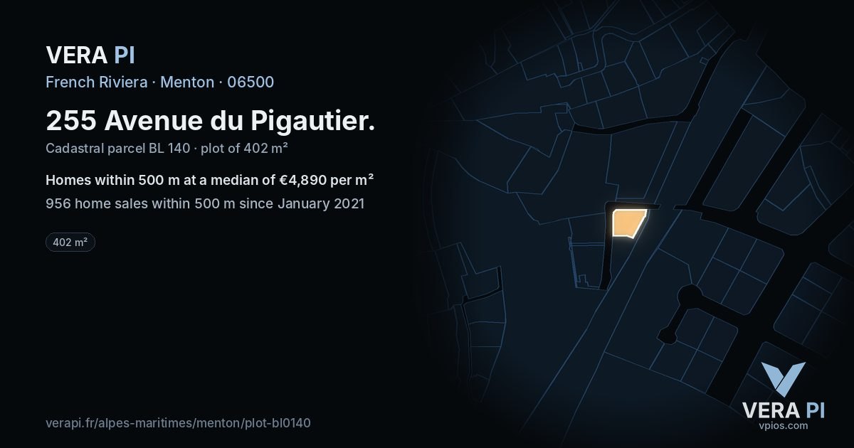 255 Avenue du Pigautier, Menton at night – the plot lit, the parcels around coloured by the prices near them