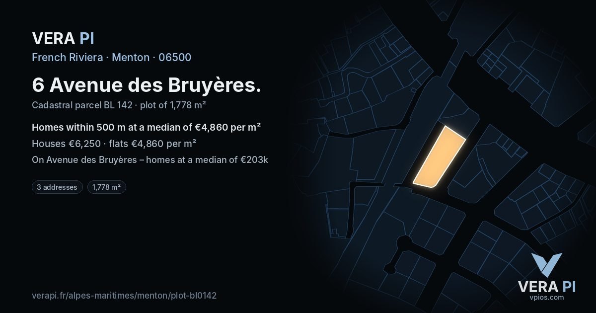 6 Avenue des Bruyères, Menton at night – the plot lit, the parcels around coloured by the prices near them