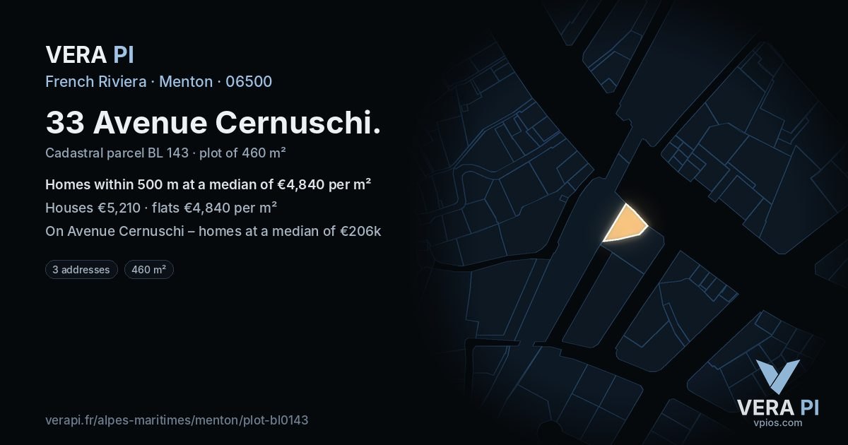 33 Avenue Cernuschi, Menton at night – the plot lit, the parcels around coloured by the prices near them