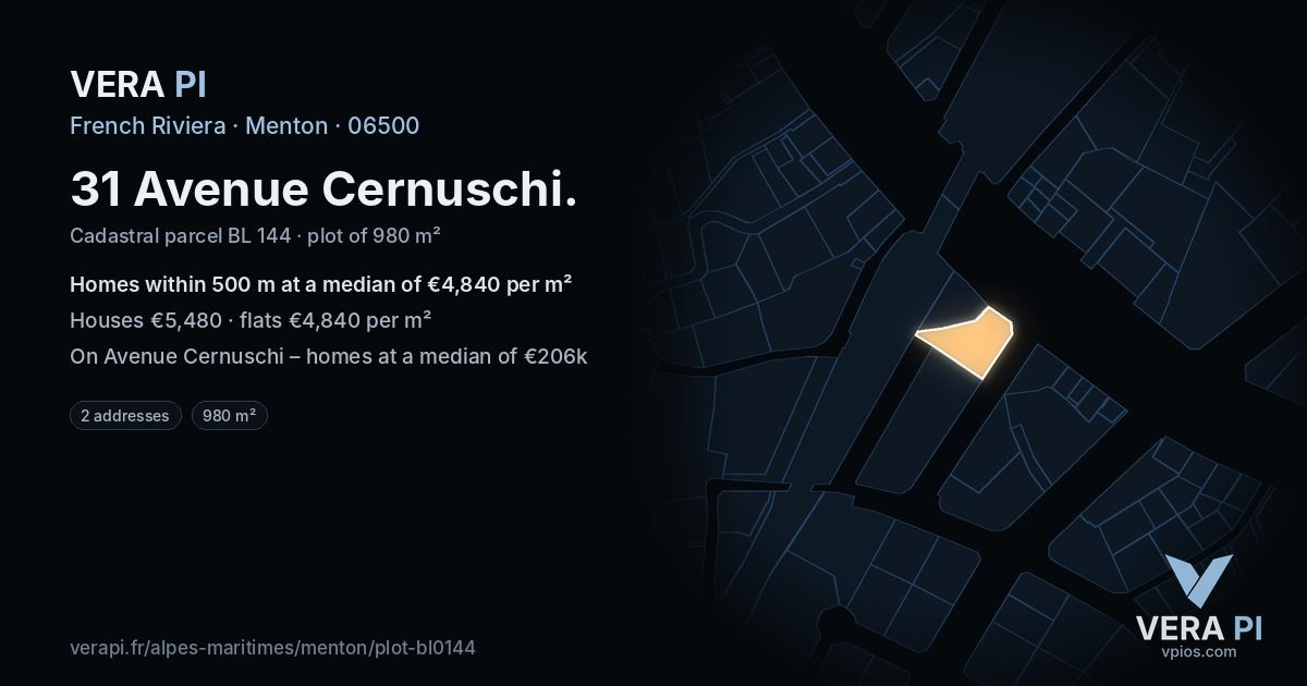 31 Avenue Cernuschi, Menton at night – the plot lit, the parcels around coloured by the prices near them