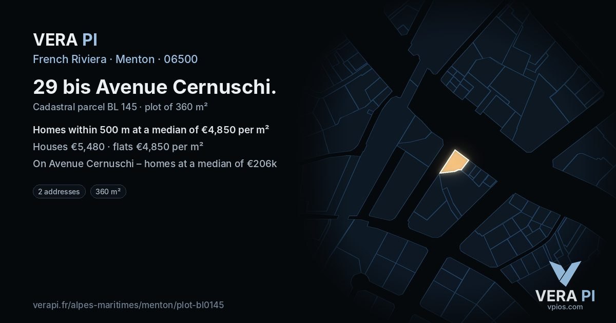 29 bis Avenue Cernuschi, Menton at night – the plot lit, the parcels around coloured by the prices near them