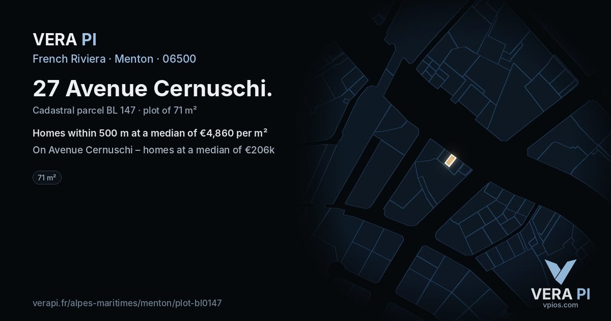 27 Avenue Cernuschi, Menton at night – the plot lit, the parcels around coloured by the prices near them