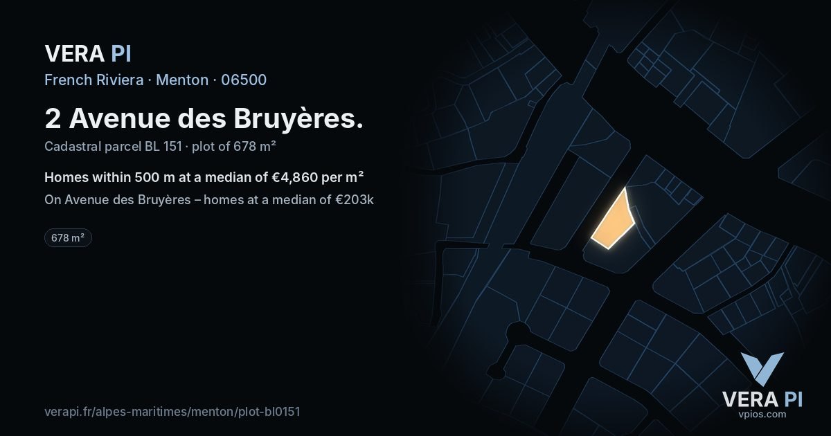 2 Avenue des Bruyères, Menton at night – the plot lit, the parcels around coloured by the prices near them
