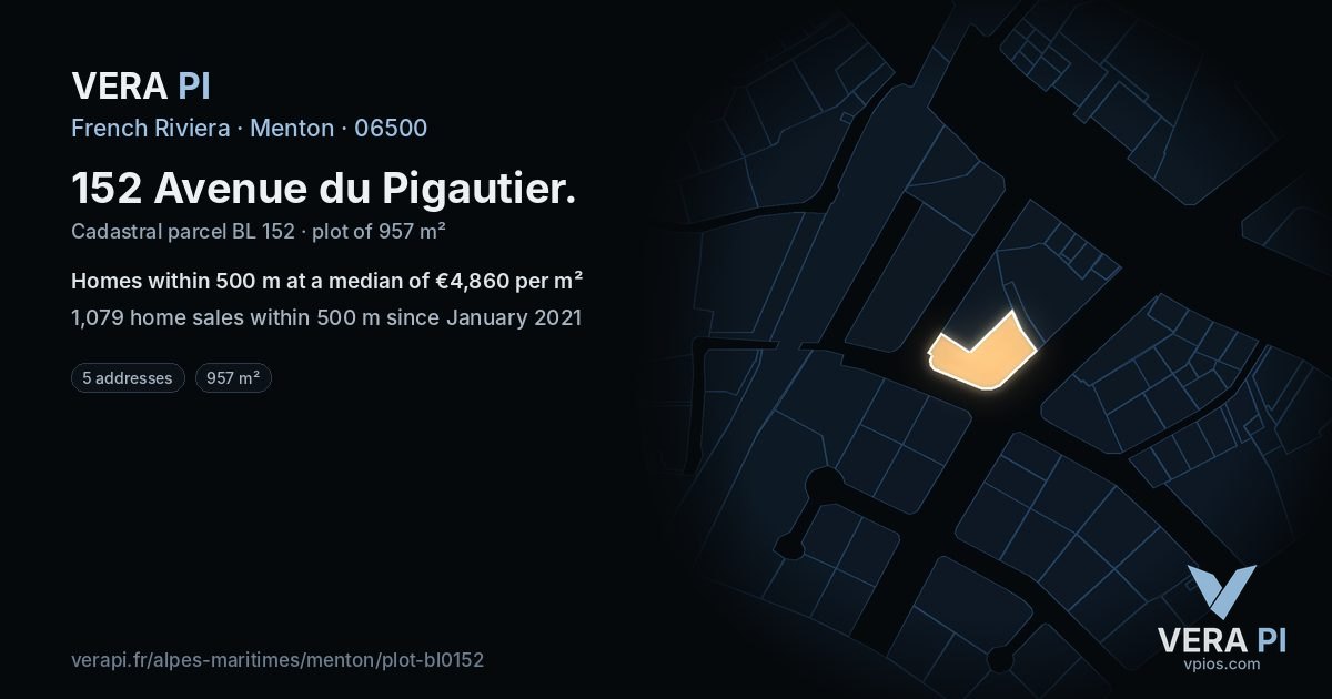 152 Avenue du Pigautier, Menton at night – the plot lit, the parcels around coloured by the prices near them