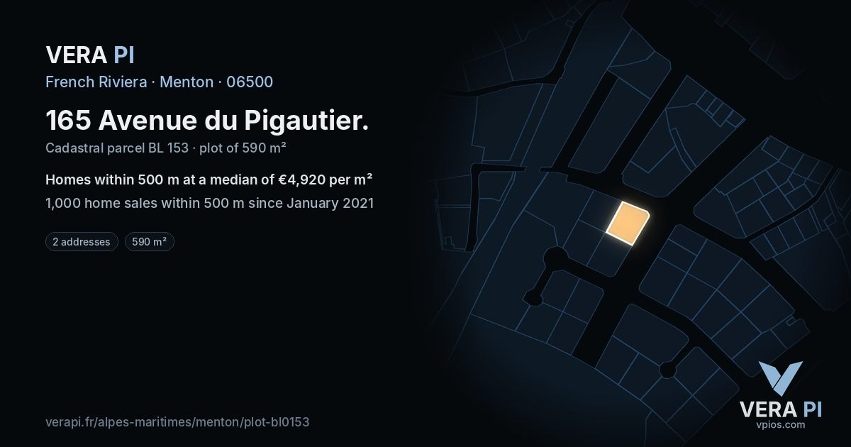 165 Avenue du Pigautier, Menton at night – the plot lit, the parcels around coloured by the prices near them