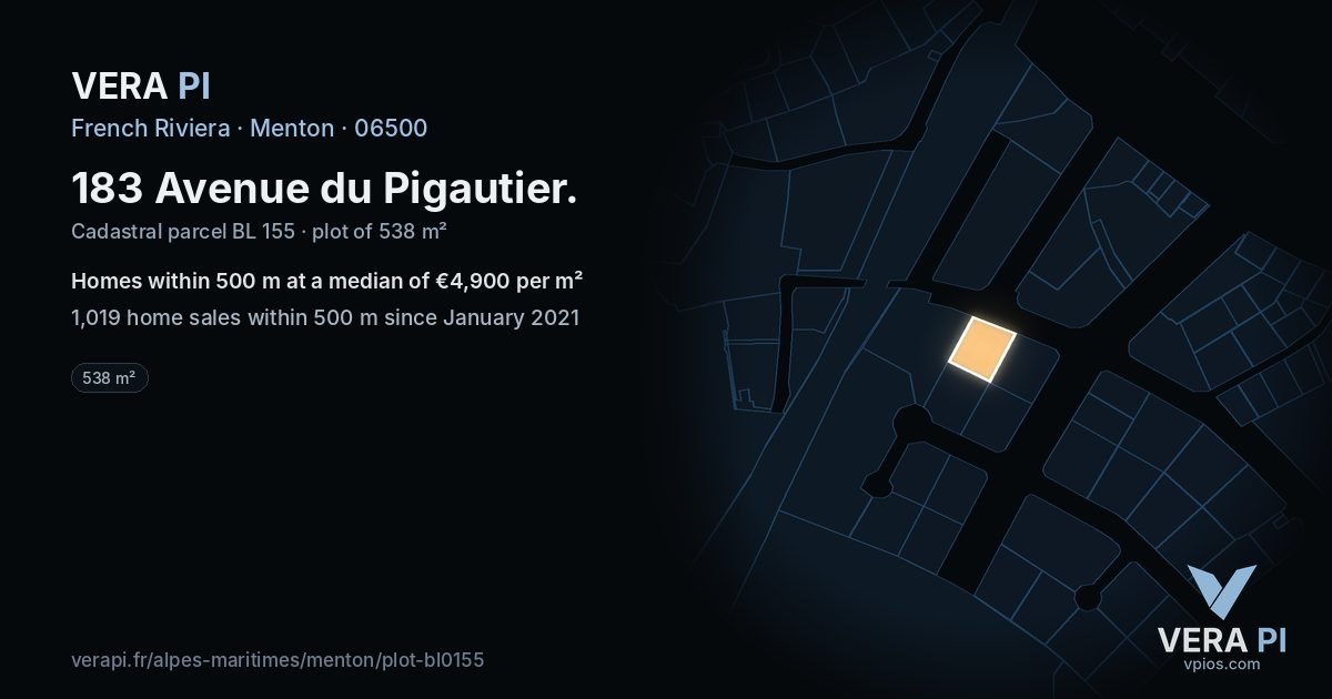 183 Avenue du Pigautier, Menton at night – the plot lit, the parcels around coloured by the prices near them