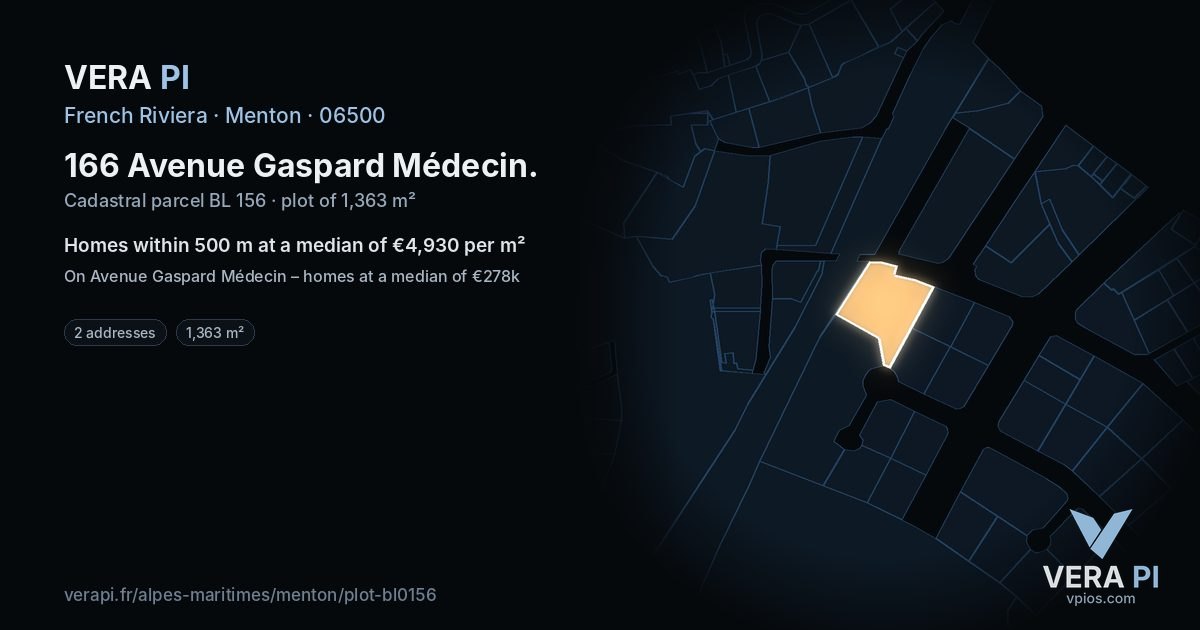 166 Avenue Gaspard Médecin, Menton at night – the plot lit, the parcels around coloured by the prices near them