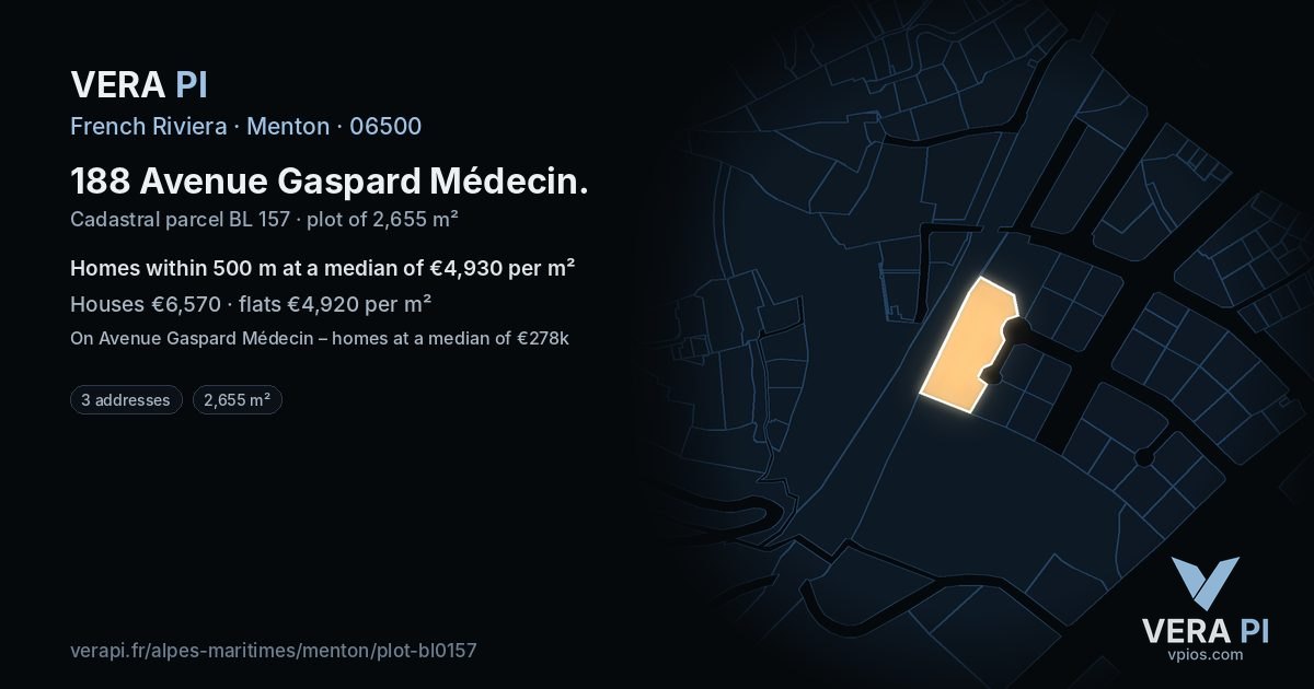 188 Avenue Gaspard Médecin, Menton at night – the plot lit, the parcels around coloured by the prices near them