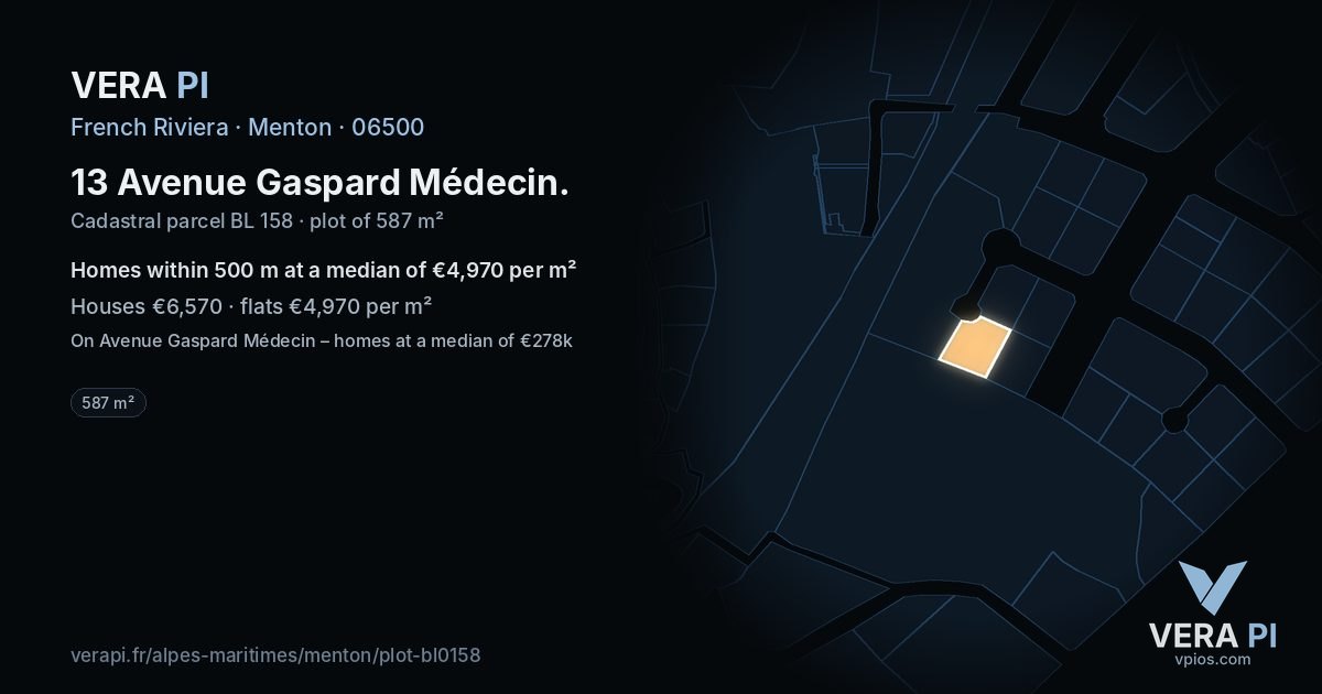 13 Avenue Gaspard Médecin, Menton at night – the plot lit, the parcels around coloured by the prices near them