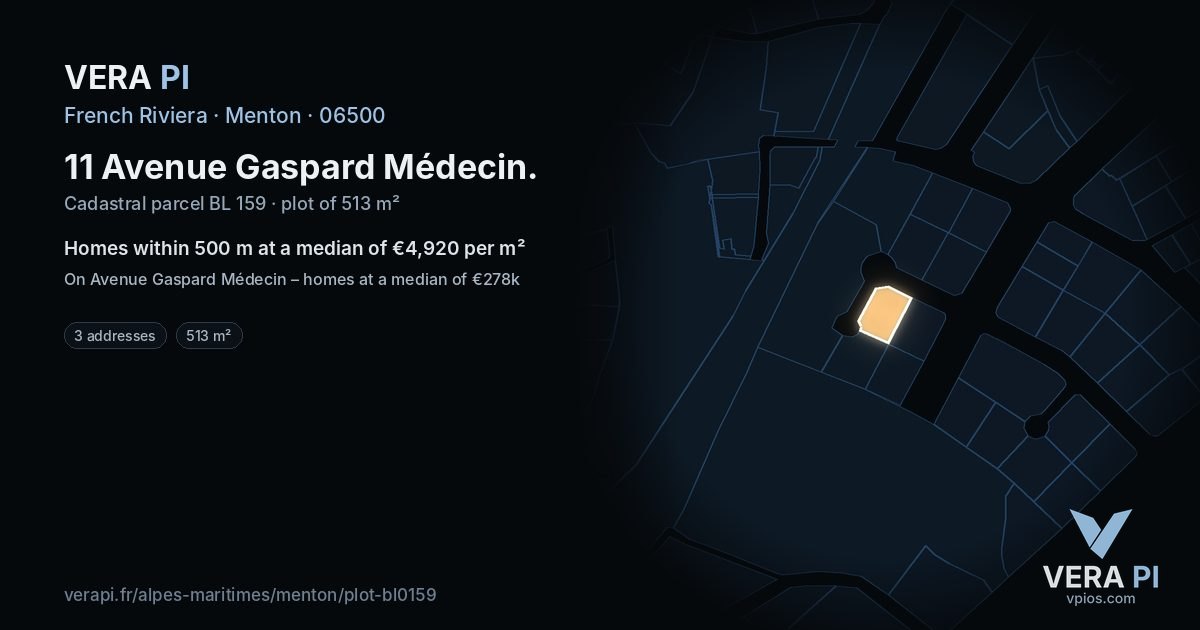 11 Avenue Gaspard Médecin, Menton at night – the plot lit, the parcels around coloured by the prices near them